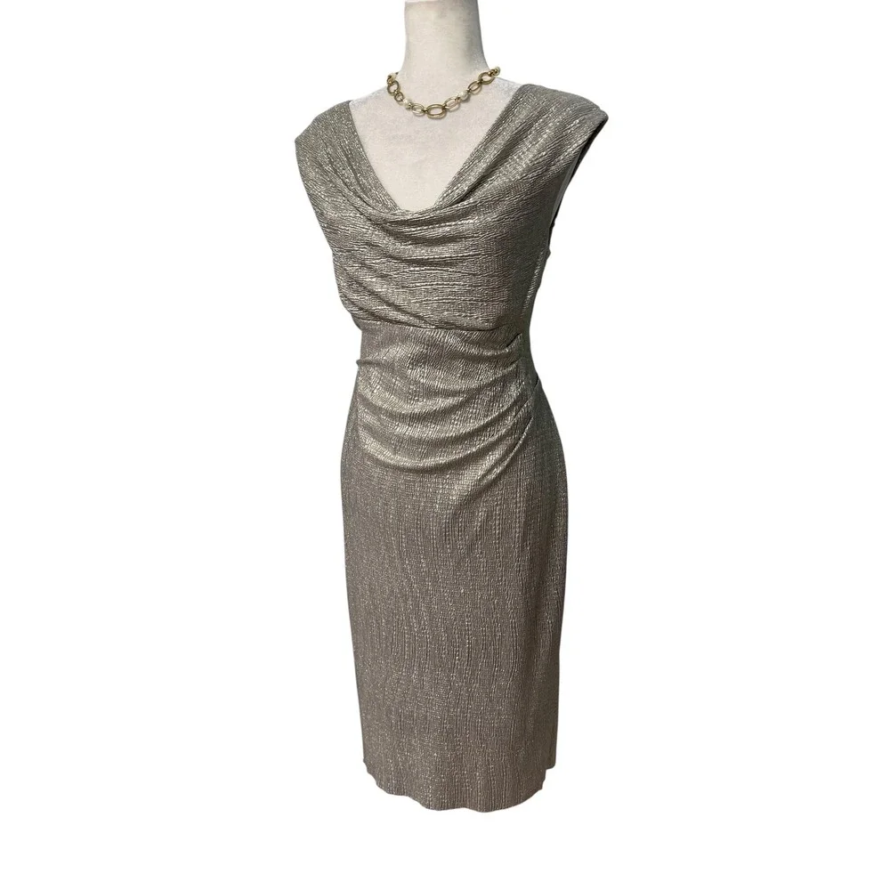 Womens‎ 10 Ruched Dress Silver Sheath Metallic Cowl Neck Cocktail Wedding Guest